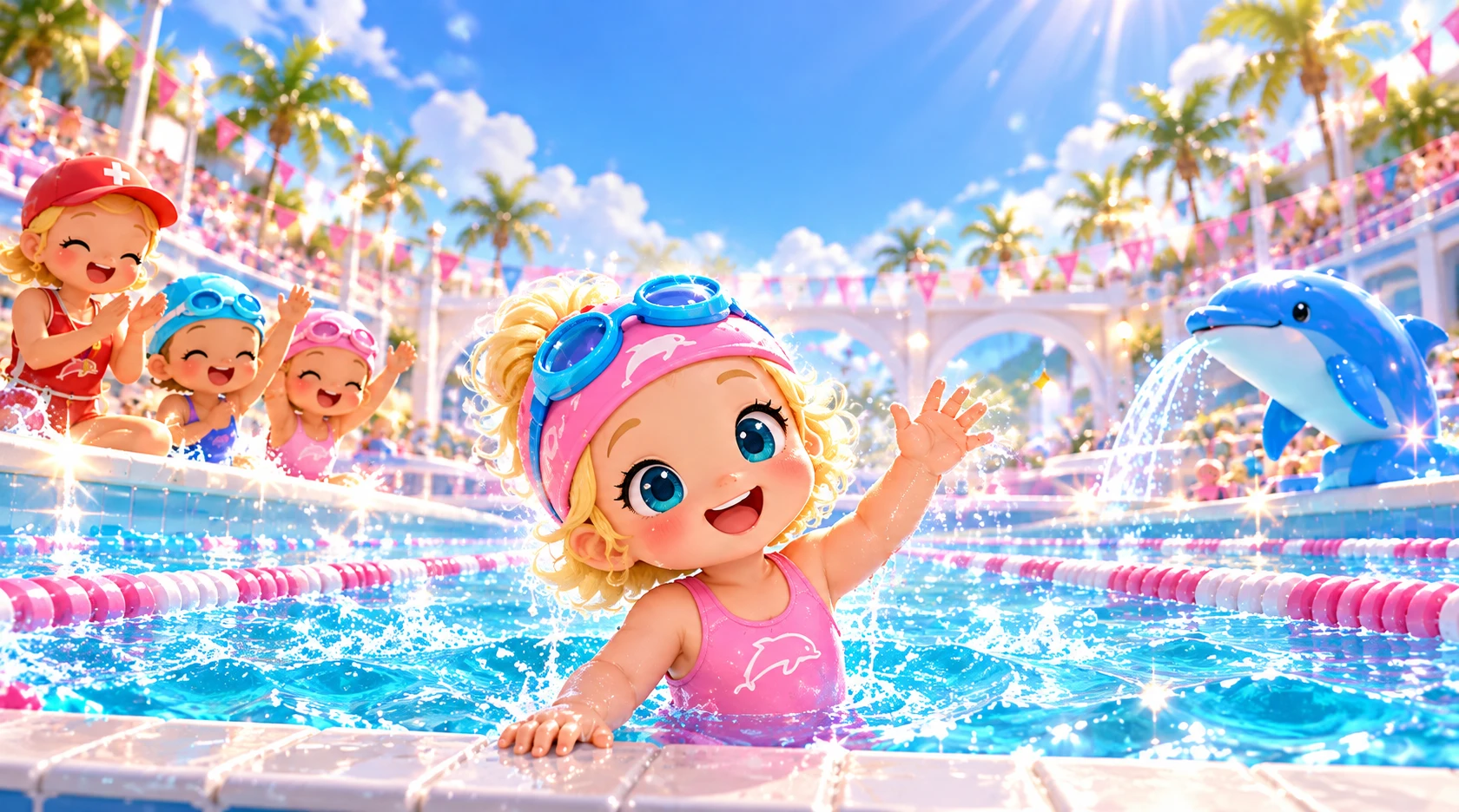 Our blonde swimmer smiling and waving at the pool edge