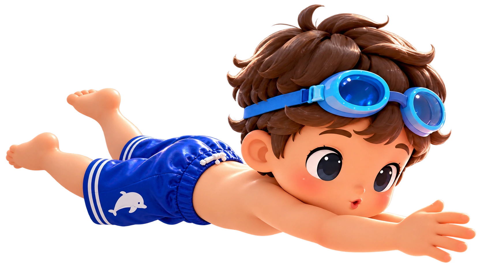 A boy wearing blue knee-length swim shorts and goggles