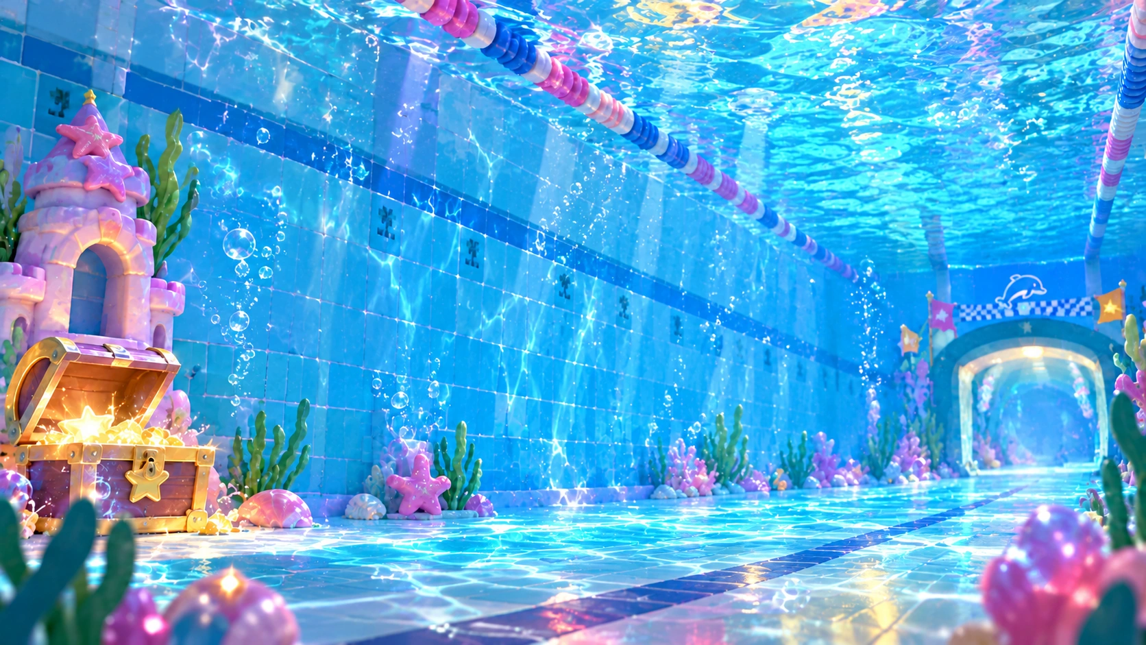 A shimmering turquoise pool with a pink castle, treasure chest and pastel shells