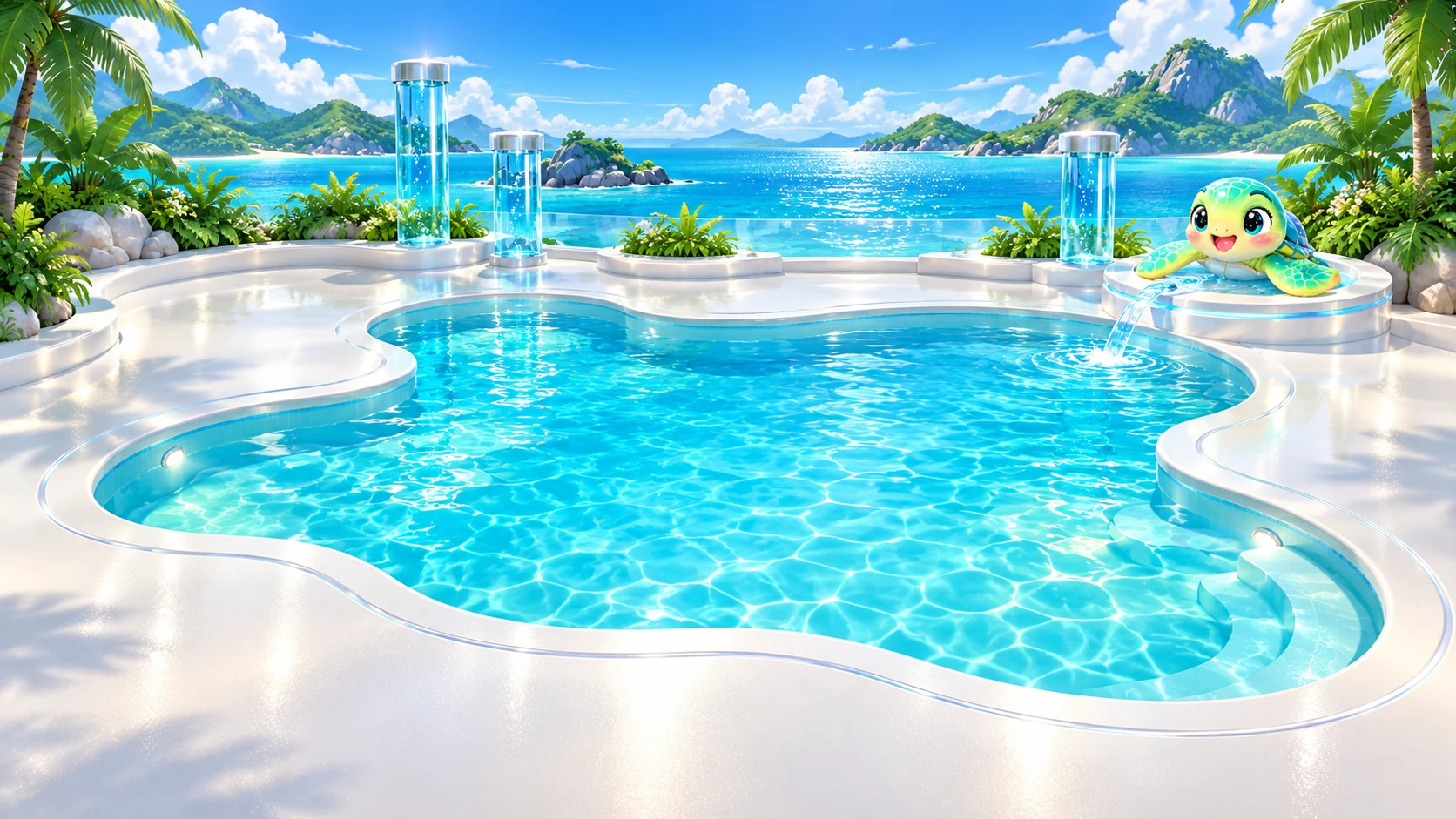 Sunny blue lagoon with a turtle fountain