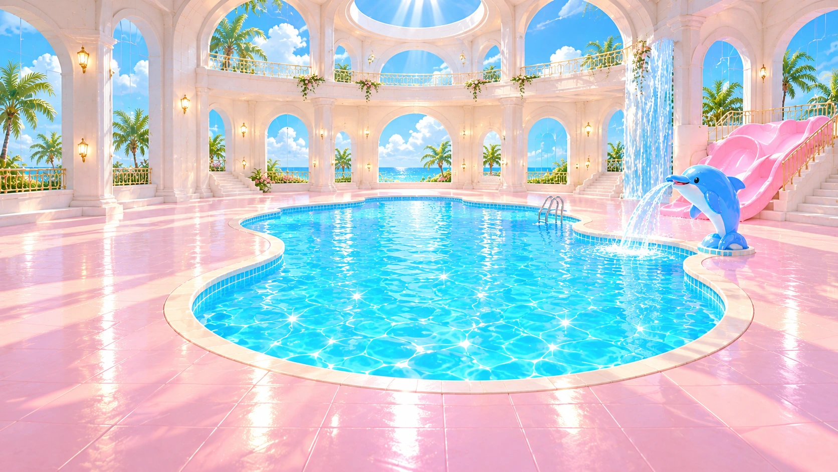 Pink pool with a dolphin fountain