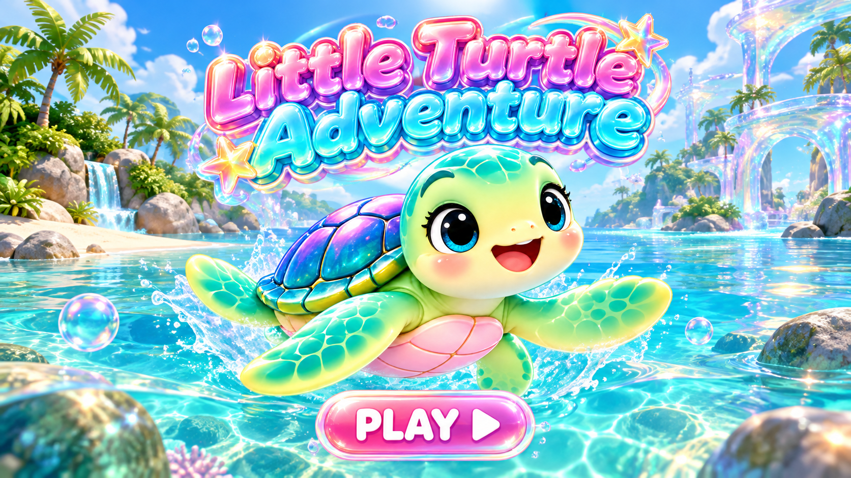 Little Turtle Adventure. A happy rainbow-shelled turtle in a sparkling tropical lagoon.